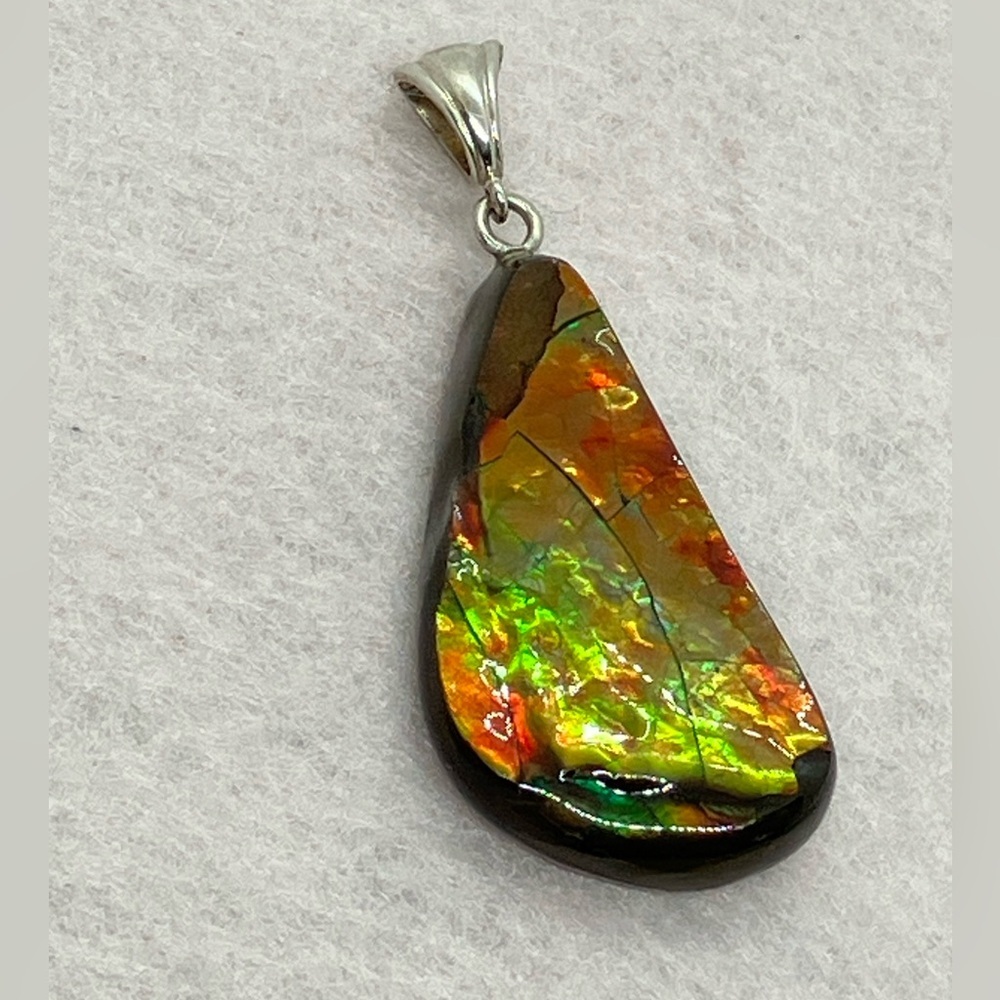 Canadian Ammolite Doublet Pendant Full Spectrum Fire Sterling Silver Bale | 37mm